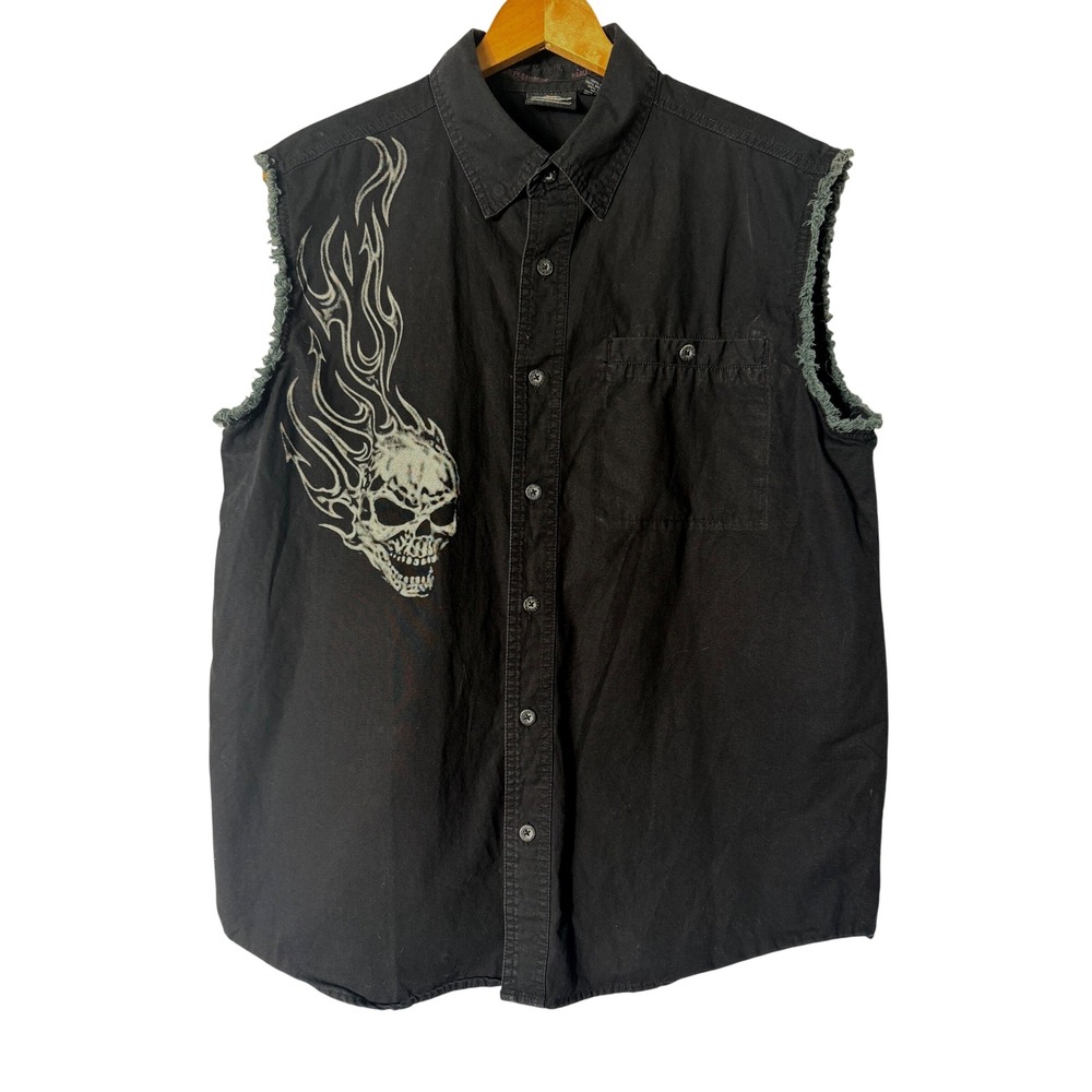 Harley Davidson Sleeveless Vest Sz L Mens Black Flaming Skull Graphic Biker Vest
